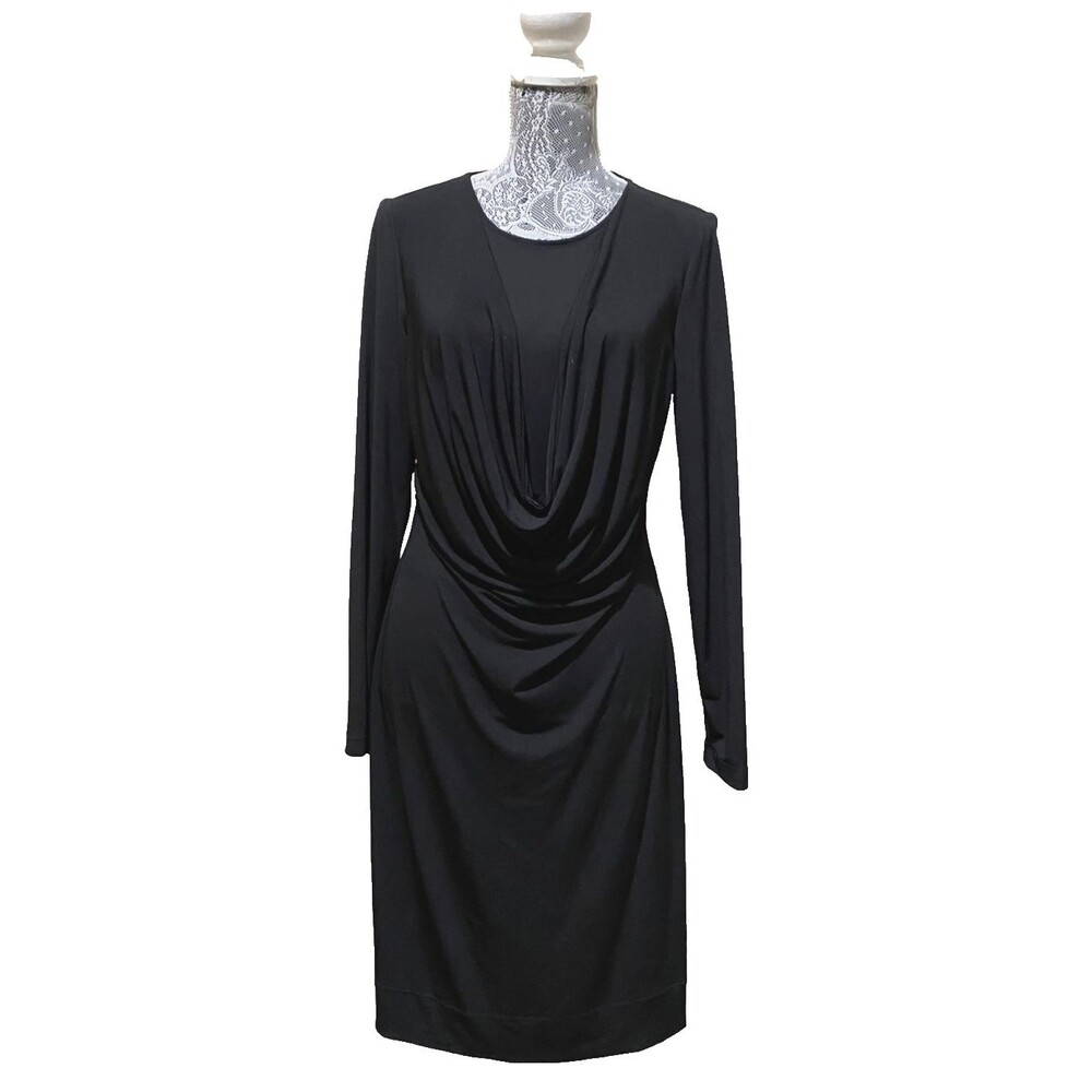 Calvin Klein Cocktail Dress Black Draped Long Sleeve Sheath Women 8 Party Ruched
